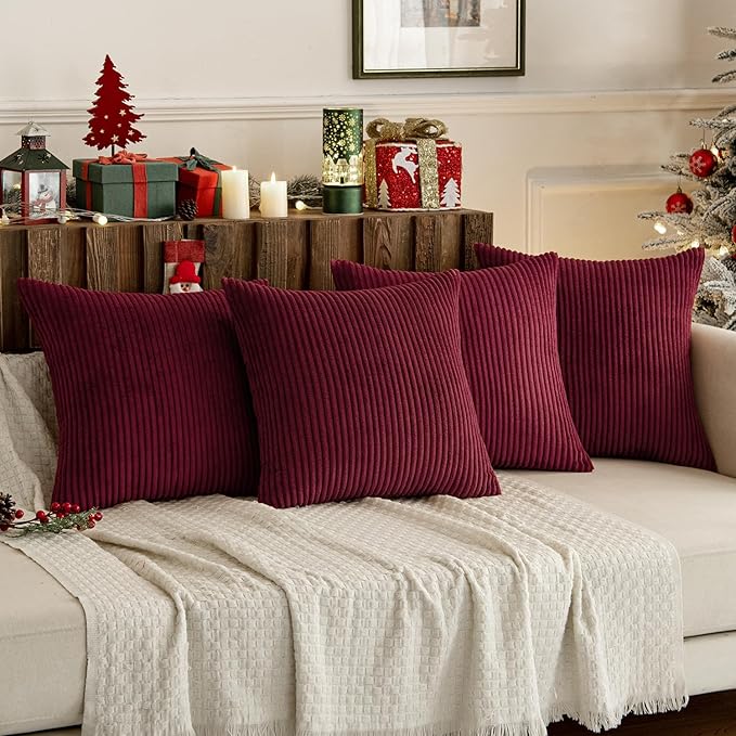 MIULEE Boho Farmhouse Throw Pillow Covers 16x16 Inch Set of 4 Mordern Nordic Cushion Covers Soft Corduroy Christmas Home Decor for Couch Bed Sofa Living Room Burgundy