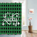 St. Patrick's Day Buffalo Plaid Shower Curtain, Lucky Shamrocks Clover Shower Curtains Set with Hooks, Rustic Green Black Waterproof Fabric Bathroom Curtains Decor Home Accessories,72 X 78 Inch Long