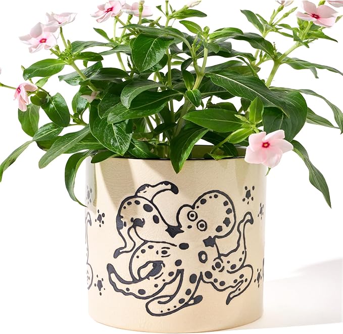 5 Inch Ceramic Plant Pots with Drainage Holes, Small Round Flower Pots for Indoor Plant, Unique Animal Flower Planters (Octopus)