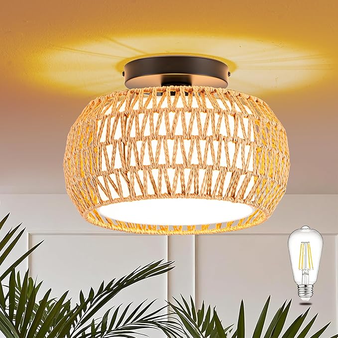 MAYNA 1-Light Boho Flush Mount Ceiling Light, Rattan Chandelier Light Fixture with LED Bulb, Hand-Woven Farmhouse Ceiling Light, Mini Wicker Light Fixture for Bedroom Hallway Entryway