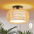 MAYNA 1-Light Boho Flush Mount Ceiling Light, Rattan Chandelier Light Fixture with LED Bulb, Hand-Woven Farmhouse Ceiling Light, Mini Wicker Light Fixture for Bedroom Hallway Entryway