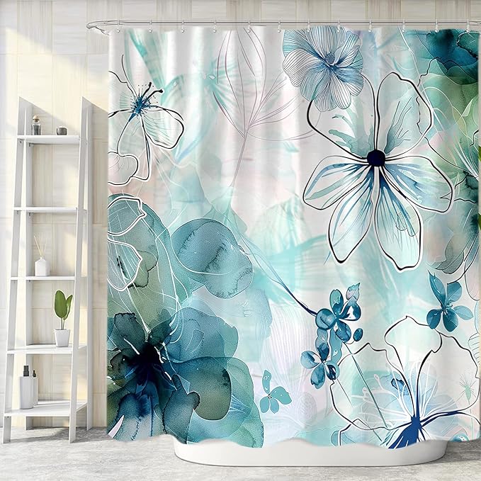 Sanzugh Teal Floral Shower Curtain, Boho Emerald Sage Hunter Olive Green Blue Abstract Flowers Art Cute Fabric Shower Curtains Set for Bathroom Decorative with Hooks 72 X 78 inch Spring Bath Decor