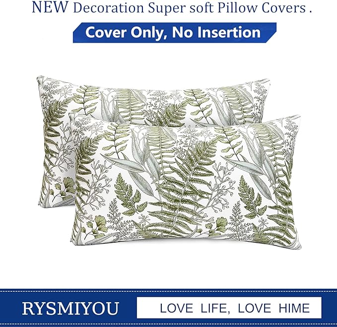 Decorative Throw Pillow Covers Set of 2 Olive Green Leaves Pillow Covers 12x20 inch Soft Short Plush Square Floral Throw Pillows,Farmhouse Outdoor Pillow Covers for Couch Bed Living Room