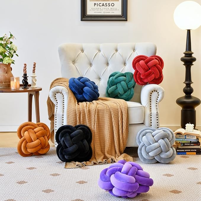 Xuyier Knot Pillow Ball, Decorative Throw Pillows with Velvet Fabric for Couch Bed, 12" Decor Knotted Square Floor Pillow Cushions for Living Room (12 Inches, Wine Red)