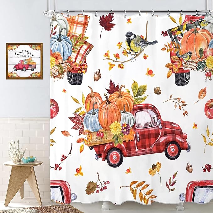 Fall Truck Pumpkin Shower Curtain Autumn Leaves Red Truck Farmhouse Harvest Thanksgiving Bathroom Curtains Waterproof Polyester Fabric Bath Curtain 72 x 72 Inch with 12 Plastic Hooks