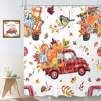 Fall Truck Pumpkin Shower Curtain Autumn Leaves Red Truck Farmhouse Harvest Thanksgiving Bathroom Curtains Waterproof Polyester Fabric Bath Curtain 72 x 72 Inch with 12 Plastic Hooks