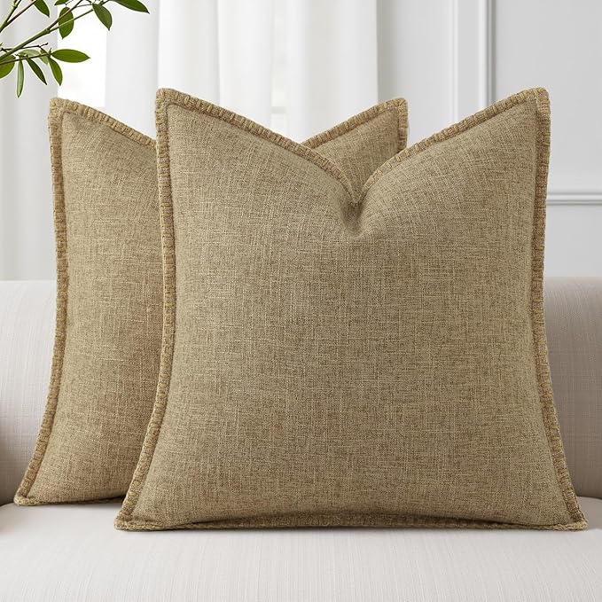decorUhome Decorative Outdoor Throw Pillow Covers 26x26 Set of 2, Square Linen Farmhouse Euro Pillow Covers with Stitched Edge, Rustic Neutral Pillow Covers for Couch, Sofa, Living Room, Khaki