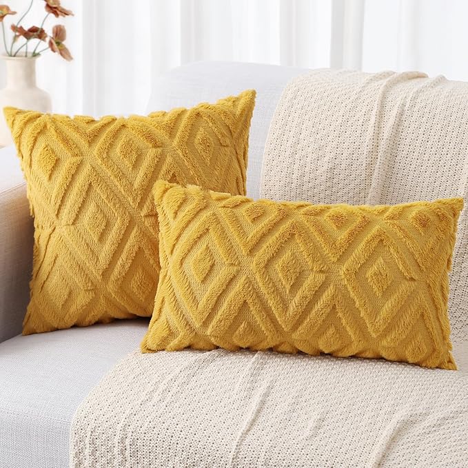decorUhome Couch Throw Pillow Covers 20x20 Set of 2, Decorative Soft Plush Faux Wool Neutral Accent Pillow Covers for Bed Sofa Living Room, Mustard Yellow