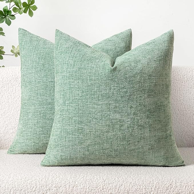 MIULEE Pack of 2 Couch Throw Pillow Covers 16x16 Inch Soft Greyish Green Chenille Pillow Covers for Sofa Living Room Solid Dyed Pillow Cases