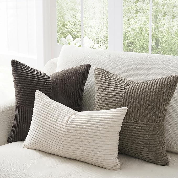 Topfinel Decorative Neutral Gray Throw Pillow Covers for Couch,Boho Cozy Soft Cushion Covers Set of 4 with Corduroy,Accent Pillowcases for Sofa,Bed,Living Room Home Decor 18×18 Inch (Cream,Grey)