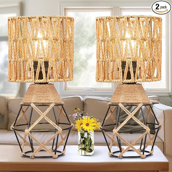 Hamilyeah Boho Table Lamps Set of 2, Industrial Bedside Lamps with Woven Shade, Farmhouse Lamps for Night Stands with On/Off Switch, Modern Simple Desk Lamps for Bedroom, Living Room, Office