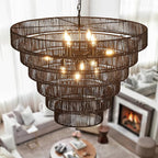 31.49" Large Black Rattan Vintage Farmhouse 12-Light Boho Hand-Woven Bamboo Black Chandeliers Light Fixture Retro Drum Wicker Rattan Chandelier for Dining Room, Kitchen, Living Room, E12
