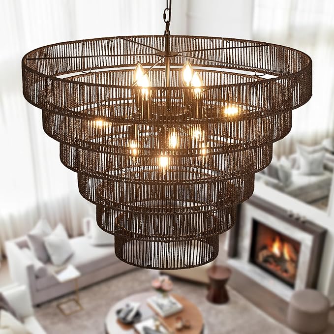 31.49" Large Black Rattan Vintage Farmhouse 12-Light Boho Hand-Woven Bamboo Black Chandeliers Light Fixture Retro Drum Wicker Rattan Chandelier for Dining Room, Kitchen, Living Room, E12
