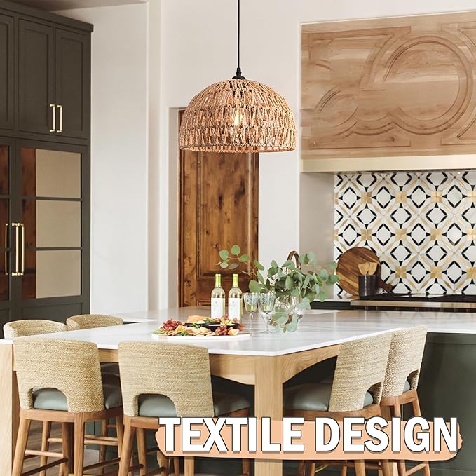Brown Rattan Light Fixture 15ft Plug In Pendant Light Woven Pendant Light Boho Chandelier Wicker Pendant Light Boho Pendant Light Plug In for Dining Room Kitchen Island Bedroom(Bulb Incl.)