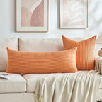 Fancy Homi Set of 2 Orange Fall Decorative Throw Pillow Covers 20x20 Inch for Couch Bed Sofa, Autumn Halloween Thanksgiving Gift, Soft Plush Thick Striped Corduroy Cute Aesthetic Home Decor 50x50cm