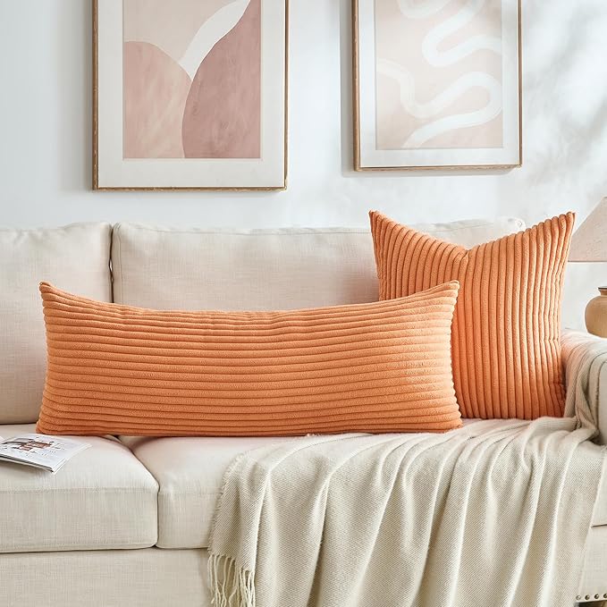 Fancy Homi Set of 2 Orange Fall Decorative Throw Pillow Covers 18x18 Inch for Couch Bed Sofa, Autumn Halloween Thanksgiving Decor, Soft Plush Thick Striped Corduroy Cute Aesthetic Home Decor 45x45cm