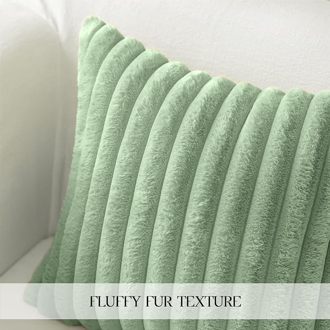 MOSAYT Spring Faux Fur Throw Pillow Covers 18x18, Set of 2, Plush Velvet Soft Pillow Case,Fluffy Striped Decorative Couch Pillow Covers for Sofa, Bedroom, Living Room(Sage Green)