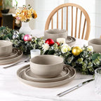 LIANYU Plates and Bowls Dish Sets for 4, 12PCS Stoneware Dinnerware Set, Speckled Dishware Includes Dinner Salad Plates, Cereal Bowls, Scratch Resistant, Milky Brown