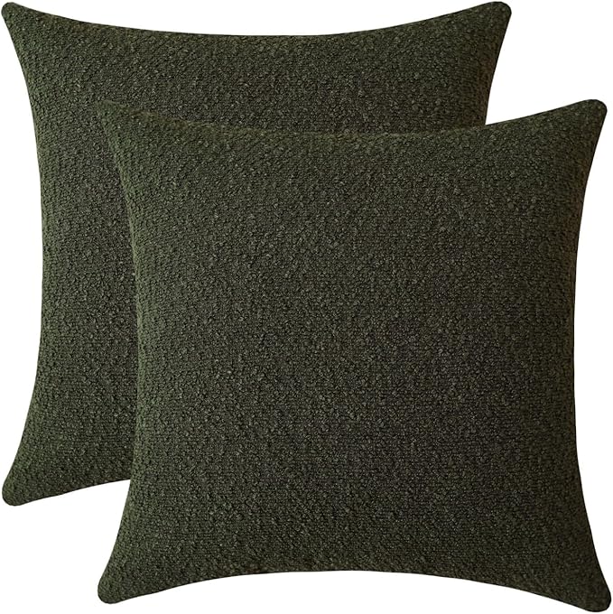 Jeneoo Sage Green Decorative Square Thick Throw Pillow Covers Fine Textured Olive Boucle Couch Cushion Cases for Sofa Living Room Decor, Set of 2, 18 x 18 Inch