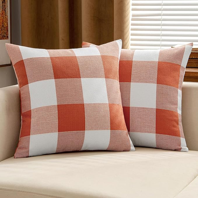 MIULEE Fall Throw Pillow Covers Pack of 2 Decorative Classic Farmhouse Buffalo Check Plaids Polyester Linen Soft Cushion Case for Couch Sofa Bedroom Outdoor 18 x 18 Inch, Burnt Orange