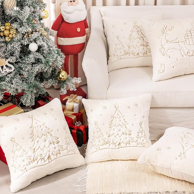 Christmas Embroidered Throw Pillow Cover - Soft Chenille Holiday Decorative Cushion for Xmas Tree Decor, Winter Home Decor, Cozy Living Room Bedroom Sofa (Christmas Tree, 22" x 22" (Pack of 2))