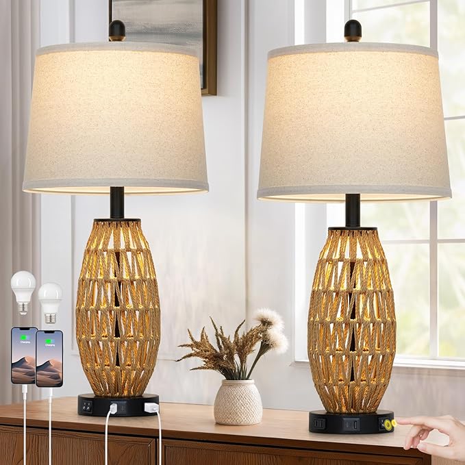 27" Rattan Table Lamps Set of 2, Boho Wicker Lamp with Night Light, Bedside Lamps for Bedroom with USB A+C Charging Port & AC Outlet, Farmhouse Coastal Woven Lamp for Nightstand Living Room