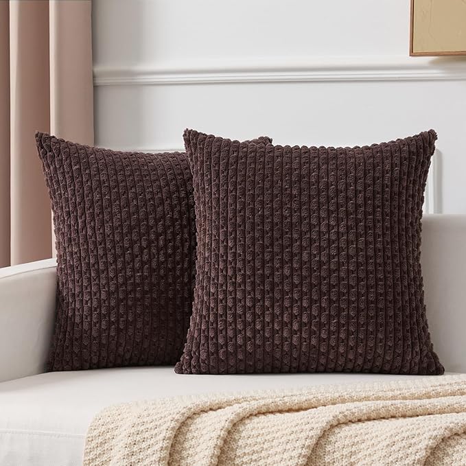 Kevin Textile Decorative Pillow Covers Set of 2 Striped Plush Corduroy Pillows Pillowcases Boho Home Decor Cushion Covers for Couch Sofa Bed Living Room 20x20 Inch, Coffee