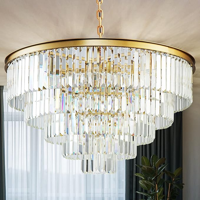 Gold Modern Crystal Chandelier, 5-Tier Round Flush Mount Ceiling Light Fixtures Height Adjustable Pendant Lighting for Dining Room Living Room Bedroom Kitchen Hotel Foyer