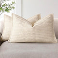 Foindtower Set of 2 Decorative Cotton Waffle Weave Lumbar Throw Pillow Covers Euro Shams Cushion Covers Accent European Pillowcase For Bed Couch Bedroom Living Room Home Decor 12×20 Inch Natural Beige