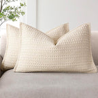 Foindtower Set of 2 Decorative Cotton Waffle Weave Lumbar Throw Pillow Covers Euro Shams Cushion Covers Accent European Pillowcase For Bed Couch Bedroom Living Room Home Decor 12×20 Inch Natural Beige