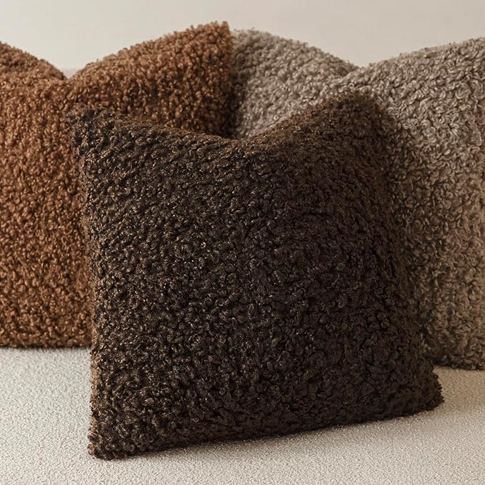 Foindtower 2 Pieces 16x16 Inch Dark Brown, Faux Fur Throw Pillow Cover Accent Sherpa Furry Pillow Covers Fuzzy Soft Pillowcases Cozy Sheepskin Decorative Fleece Cushion Case for Bed Couch Living Room