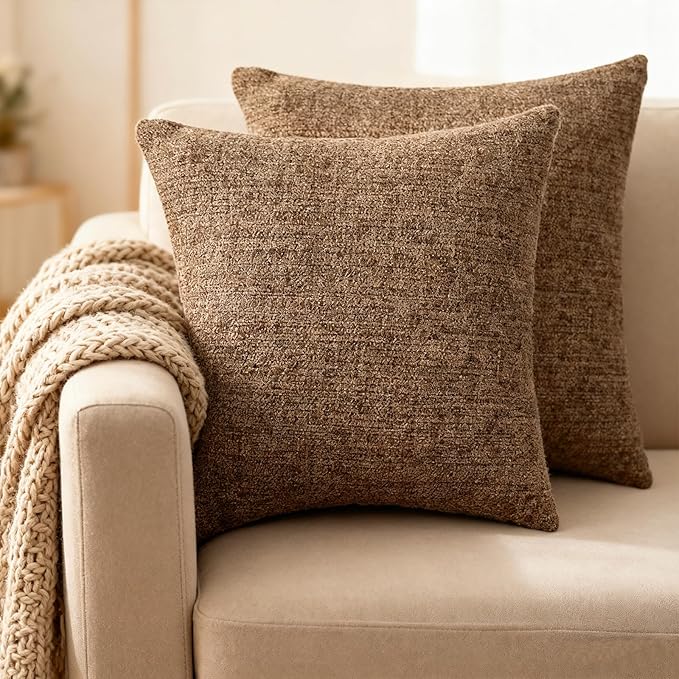 Throw Couch Pillow with Insert 18x18 Inches Set of 2 Square, Cute Modern Home Fall Decor for Living Room Sofa Bed Cushion Accent Case, Anthropologie Style Home Decor (Coffee Brown #P2-18)