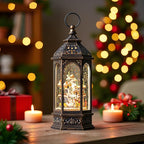 Animated Christmas Village Buildings with Moving Figurines Lighted Water Lantern, USB Lined/Battery Operated Snow Globe for Christmas Festival Decoration Gifts