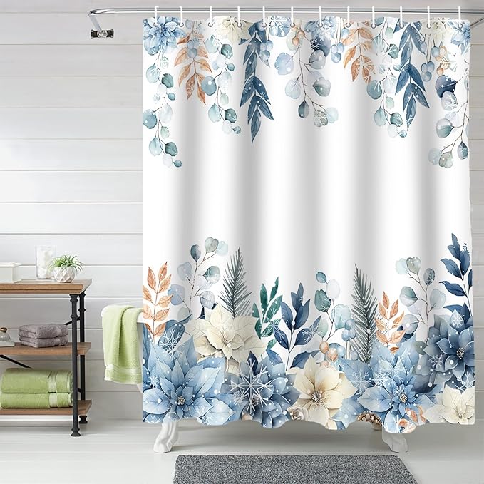 Vandarllin Blue Christmas Poinsettia Shower Curtain, Winter Eucalyptus Leaves Shower Curtains Set with Hooks, Waterproof Fabric Bathroom Curtains Decor Home Accessories, 60 X 72 Inch Long