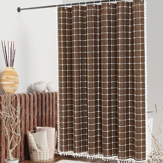 MitoVilla 72 x 84 Brown Boho Extra Long Shower Curtain, Farmhouse 84 inch XL Polyester Linen Texture Tassel Fabric Shower Curtain Set with Hooks for Cottagecore Country Bathroom Decor