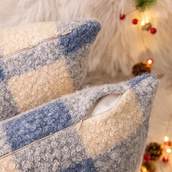 AQOTHES Blue White Plaid Winter Throw Pillow Covers 12x20 Inch Set of 2, Boucle Faux Fur Pillow Covers,Cozy Fluffy Home Living Room Farmhouse Decor for Sofa Couch Bed
