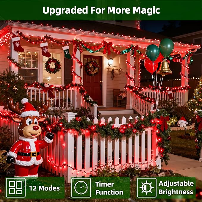 300LED Christmas Lights Outdoor Indoor Use, 12 Lighting Modes 75ft Christmas Tree Lights with Timer, Dimmable Plug in Red LED StringLights Waterproof for Yard Tree Wedding Party Holiday Red