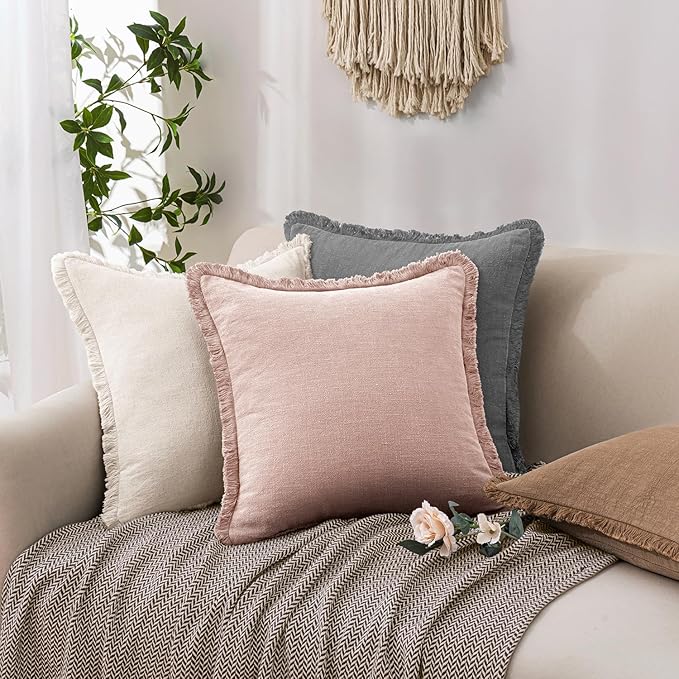 Woaboy Decorative Linen Fringe Throw Pillow Covers Boho Farmhouse Soft Cushion Covers Accent Pillowcases with Tassels for Living Room Couch Sofa Bed Chair,18x18 Inch Set of 2,Light Pink