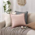 Woaboy Decorative Linen Fringe Throw Pillow Covers Boho Farmhouse Soft Cushion Covers Accent Pillowcases with Tassels for Living Room Couch Sofa Bed Chair,18x18 Inch Set of 2,Light Pink