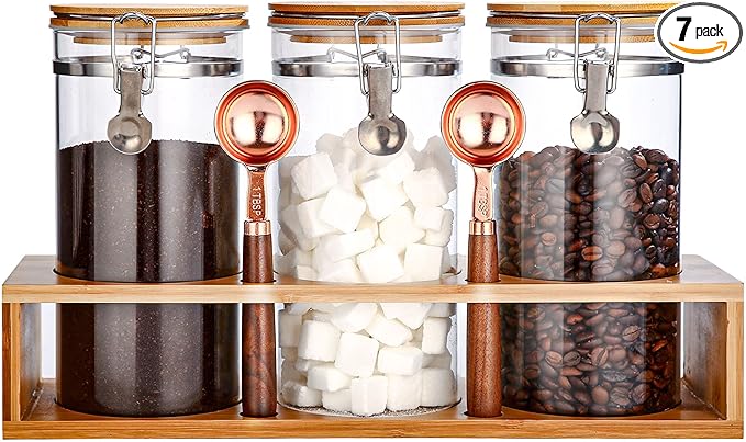 Glass Coffee Storage Container with Bamboo Shelf, 3PCS 49oz Airtight Sealed Coffee Bean Jar with Clamp Lid & Measuring Spoon, Kitchen Pantry Canister Set for Ground Coffee Sugar Tea Flour