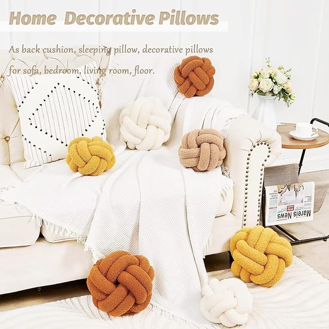Uvvyui Knot Pillow Ball, Soft Ivory Home Decor Knotted Pillows, Handmade Round Plush Throw Pillow, Aesthetic & Cute Large Decorative Pillows for Bed, Floor, Couch, Bedroom Home Decor 11 inches