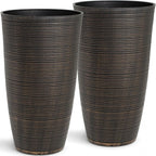 23.5" H Tall Planters, 2-Pack Taper Large Flower Pots for Indoor Outdoor Use, UV-Protect PP Plant Container for Garden Patio Yard Balcony Porch or Home Decor, Bronze Vertical Stripes Texture