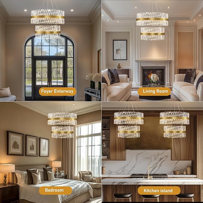 Modern Crystal Chandeliers, Double Tier 32"+24" Large High Ceiling Chandelier. Elegant Crystal Chandelier Hangs from The Ceiling of The Living Room, Stairwell, and Foyer.