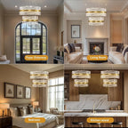 Modern Crystal Chandeliers, Double Tier 32"+24" Large High Ceiling Chandelier. Elegant Crystal Chandelier Hangs from The Ceiling of The Living Room, Stairwell, and Foyer.