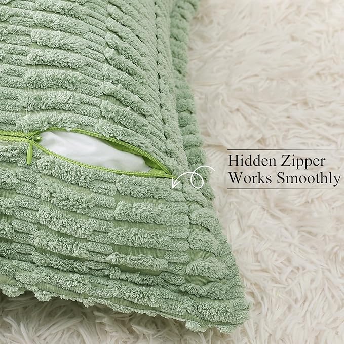 decorUhome Decorative Sage Green Throw Pillow Covers 18x18 Set of 2 with Splicing, Boho Soft Neutral Corduroy Broadside Twill Pillow Covers for Couch Bed Sofa Living Room