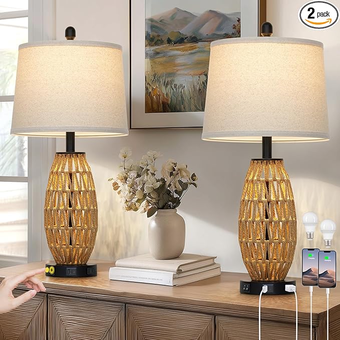 27" Rattan Table Lamps Set of 2, Boho Wicker Lamp with Night Light, Bedside Lamps for Bedroom with USB A+C Charging Port & AC Outlet, Farmhouse Coastal Woven Lamp for Nightstand Living Room