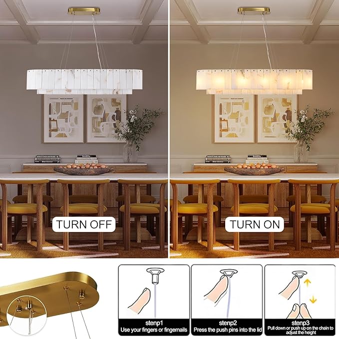 L40in Alabaster Rectangular Chandelier for Dining Room, Modern White Marble Oval Chandeliers for Kitchen Island, Rectangle Chandelier for Dining Table (Dimmable Bulbs INCL)