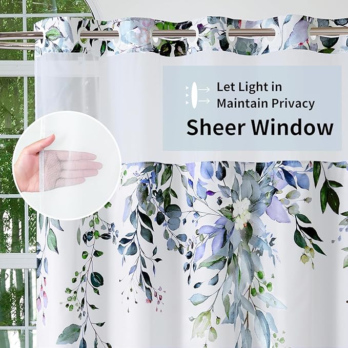 QiyI No Hook Shower Curtain with Snap in Fabric Liner, Green Eucalyptus Shower Curtain with See Through Top Window, Waterproof Washable Cloth Ringless Shower Curtain Set for Bathroom, 72 x 75