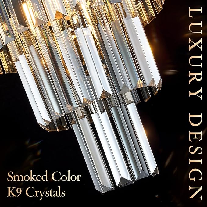 3 Tiers Black Crystal Pendant Light, Mini Smoke Gray K9 Crystal Chandelier Modern Pendant Light Fixture for Kitchen Island Dining Room Hallway Bedroom Closet