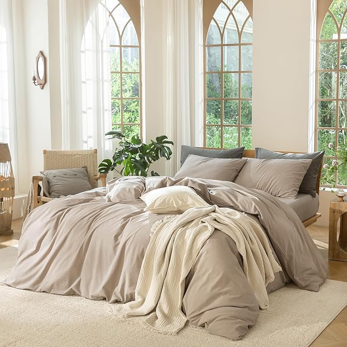 MooMee Bedding Duvet Cover Set 100% Washed Cotton Linen Like Textured Breathable Durable Soft Comfy (Heathered Taupe, Cal King 104"x98")
